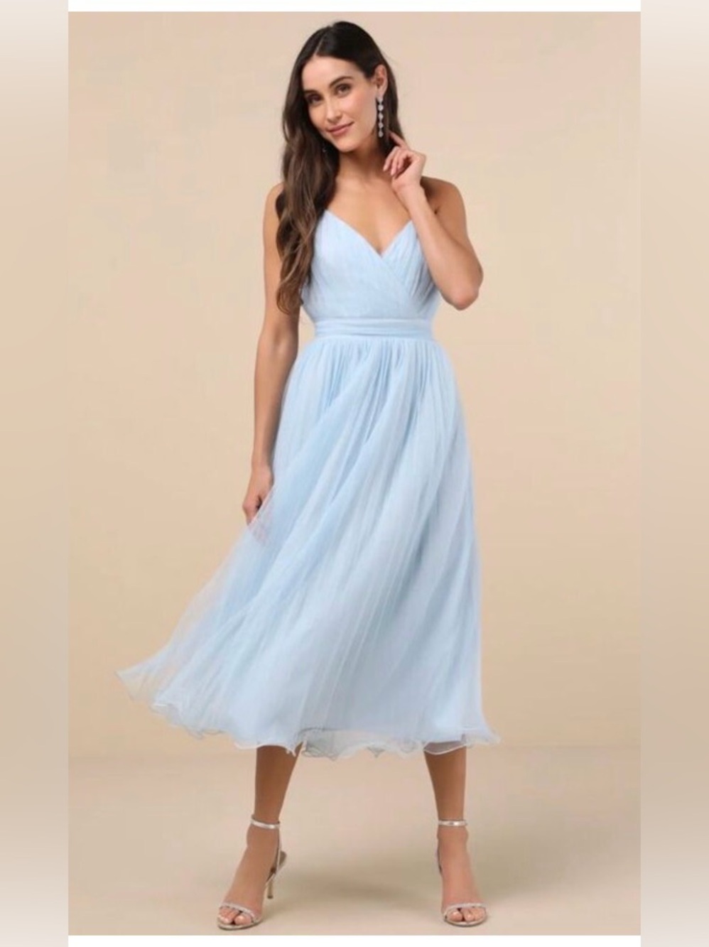 Lulus Exemplary Aura Light Blue Tulle Surplice Midi Dress Adjustable Straps M